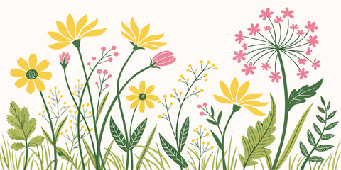 A colorful illustration of various flowers and greenery on a white background Vector