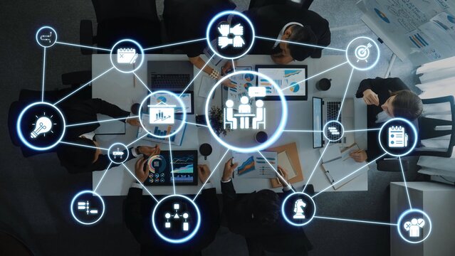 Project planning icons showing business management, teamwork, scheduling, strategic planning, project development, organization, and goal setting with modern workflow and process management. Funnel