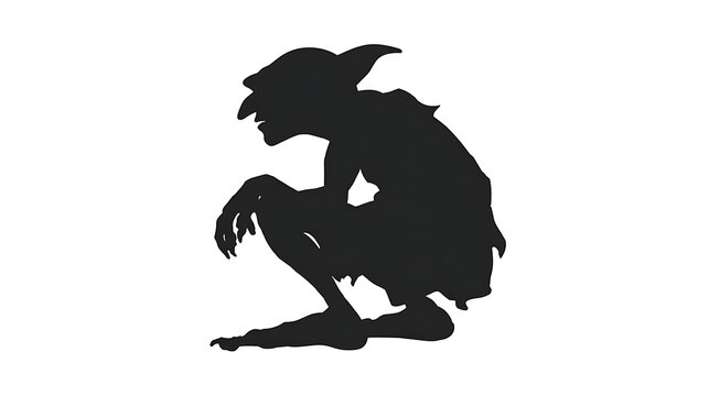 A silhouette of a grotesque mythological goblin, in a crouching position