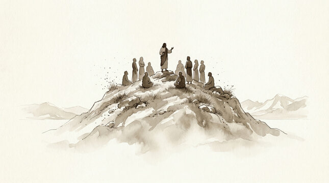 Jesus preaching to disciples on a mountain