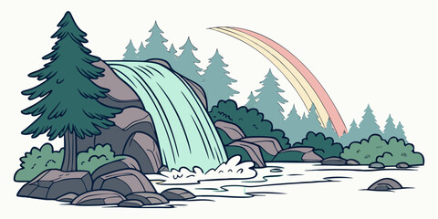 Obraz premium A waterfall and rainbow in a forest with trees Vector