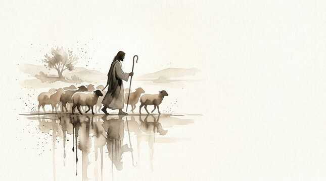 Jesus leading flock of sheep in watercolor