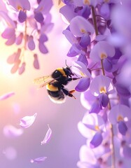 delicate wisteria flowers hanging from above,_soft spring sunlight