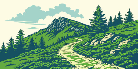 A serene mountain landscape with a winding trail Vector © Sa