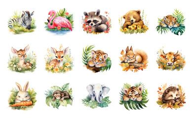 Fototapeta premium PNG Adorable watercolor animal illustrations on transparent background