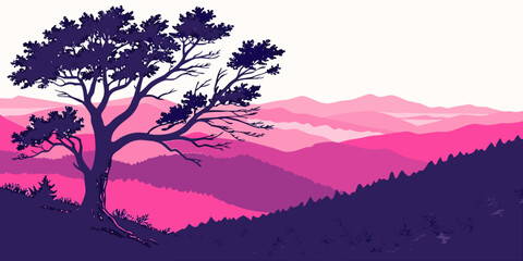 A tree stands alone on a hill at sunset Vector © Sa