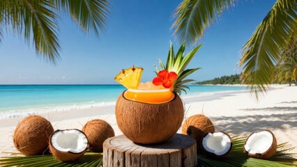 Obraz premium Coconut bowl cocktail surrounded by coconuts on beach.