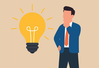 Solution expert solving problem or leader giving advise in meeting discussion, thinking for solution, creativity or professional to help, eureka moment concept, businessman with bright lightbulb