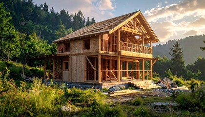 Fototapeta premium Unfinished two-story wooden cabin nestled in a lush green forest during golden hour, showcasing the frame
