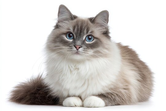 A beautiful Ragdoll cat, a symbol of serenity and elegance, rests in a studio, its striking blue eyes capturing your attention.