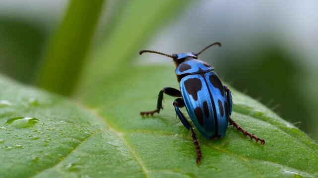 Colorful Insect Inspects Wet Leaves. Exotic Beetle With Textured Shell Explores Leafy Surface Closely