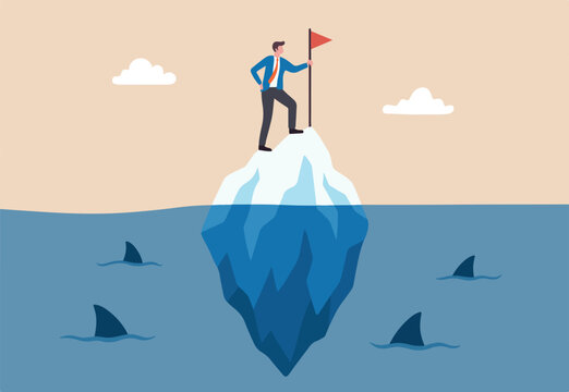 Success iceberg illusion, only success story visible, risk or failure hidden underwater, achievement or leadership concept, success businessman holding flag at peak of iceberg above hidden danger.