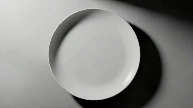 Minimalist white plate casting shadow on gray surface
