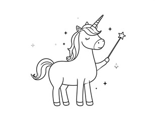 Naklejka premium Unicorn outline holds star wand, surrounded by twinkling stars, on clean white backdrop
