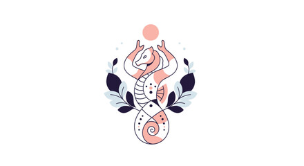 Mystical Seahorse with Sun and Leaves, Esoteric Symbol, Divine Feminine