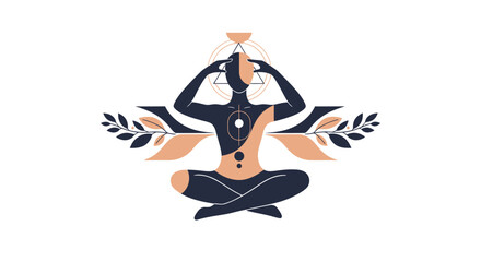 Meditating Figure With Geometric Symbols and Botanical Elements