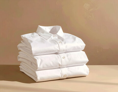 Stack of neatly folded crisp white dress shirts