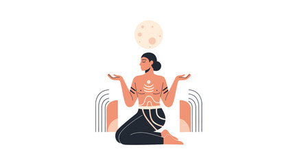 Woman Meditating with Moon Above, Spiritual Balance and Inner Peace