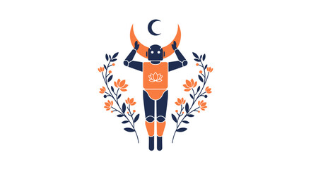 Obraz premium Robot holding crescent moon with floral elements, symbolizing technology and nature balance