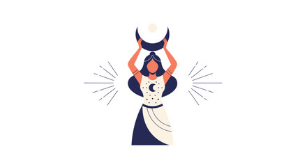 Mystical Woman Holding Crescent Moon and Sun Symbol, Esoteric Art © atha_lintar
