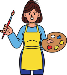 Fototapeta premium Smiling female artist wearing a yellow apron holds a paintbrush.