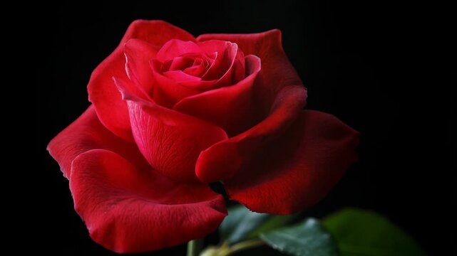 Closeup of a single red rose flower blooming, clean composition ample negative space