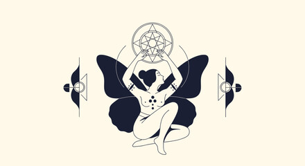 Obraz premium Mystical Woman with Butterfly Wings and Celestial Symbols