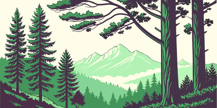 A serene pixel art landscape of trees and mountains Vector
