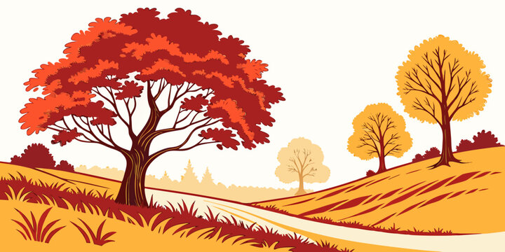 A pixel art illustration of trees on a hillside in autumn Vector