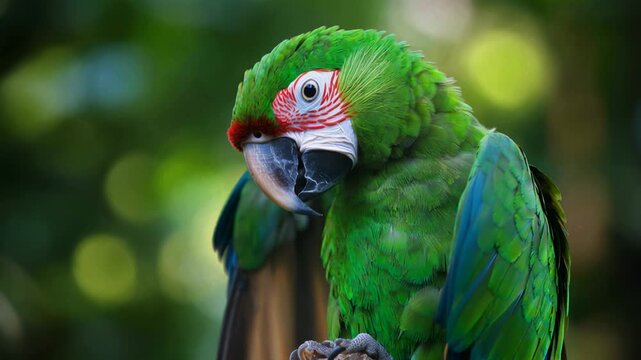 Closeup of a green parrot perched, clean composition ample negative space