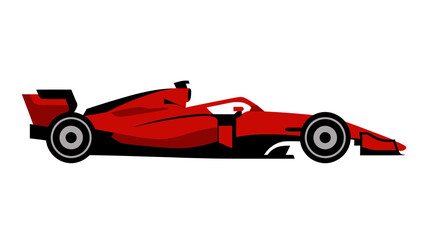 Red racing car with black wheels and spoiler on white background