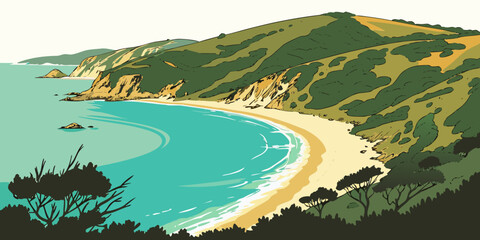 A serene beach scene with green hills and blue water Vector © Mithu