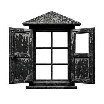 heavily rusted cast iron window frame, vintage, peaked cap, and open distressed shutters, isolated on a transparent background in stark monochrome. concept of architectural texture study