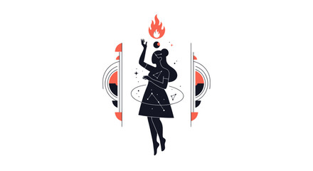 Obraz premium Mystical Woman with Fireball and Celestial Elements