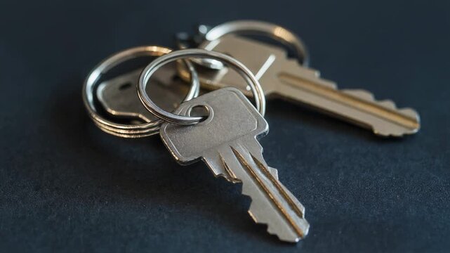 Closeup of a silver metal keychain with keys, clean composition ample negative space