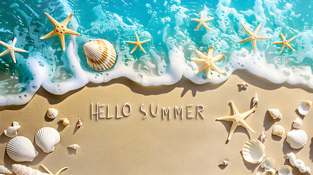 Colorful summer fruit background with the text "HELLO SUMMER",  watermelon slices, lemons, pineapples, tropical fruit illustrations.