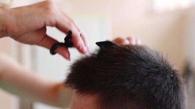 One young woman hairdresser is thinning a man's hair.