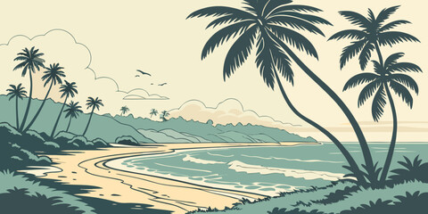 A serene tropical beach scene with palm trees and a calm sea Vector © Mithu