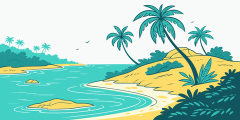 A pixel art illustration of a tropical beach with palm trees Vector © Mithu