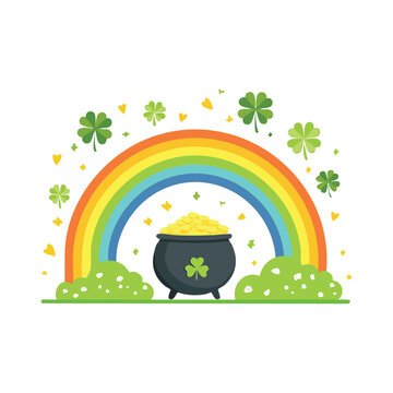 St Patrick's Day Pot of Gold with Rainbow and Shamrock Clover Flat Illustration