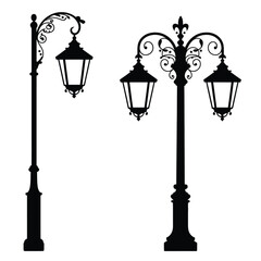 Wrought iron lamp post, vector illustration featuring ornate metalwork, classic vintage design, decorative scroll details, and elegant street lighting ideal for architectural, outdoor, and  projects.
