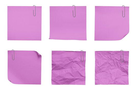 Collection of six pink note papers with metal paper clips and various textures for office work concept