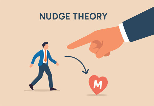 Nudge theory, reminder or guidance to encourage people to make decision or improve behavior, effective way for personal improvement concept, boss finger nudge businessman employee.