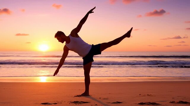 Man practicing yoga at beach during sunset. Calm atmosphere enhances meditation experience. Scenic ocean view complements wellness journey. Serenity prevails in golden hour.