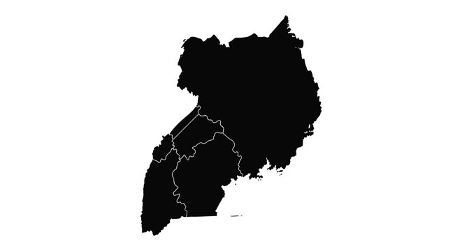 A stark black silhouette depicts the geographical outline of the african nation of uganda silhouette high quality professional detailed