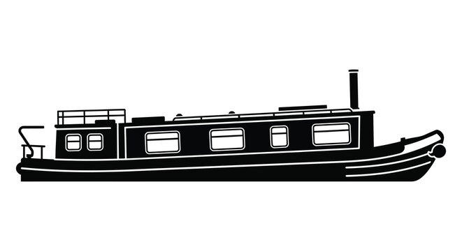 A stark black silhouette depicts a long narrow canal boat with windows and a chimney silhouette high quality professional