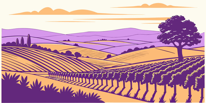A purple and orange pixel art image of a vineyard at sunset Vector
