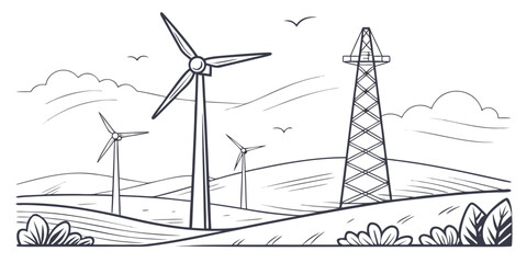 Wind turbines and transmission tower in a field Vector © Mithu