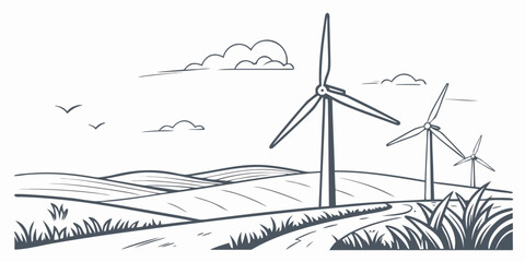 Wind turbines standing tall in a serene landscape Vector © Mithu