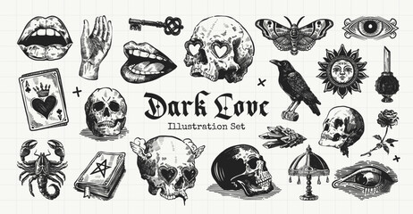 Naklejka premium Dark Love Gothic Engraving Illustration Set with Skulls, Occult Symbols and Vintage Tattoo Elements